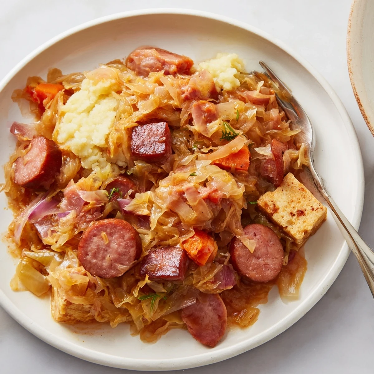 Bigos served over creamy mashed potatoes, capturing Polish comfort food at its finest.  
