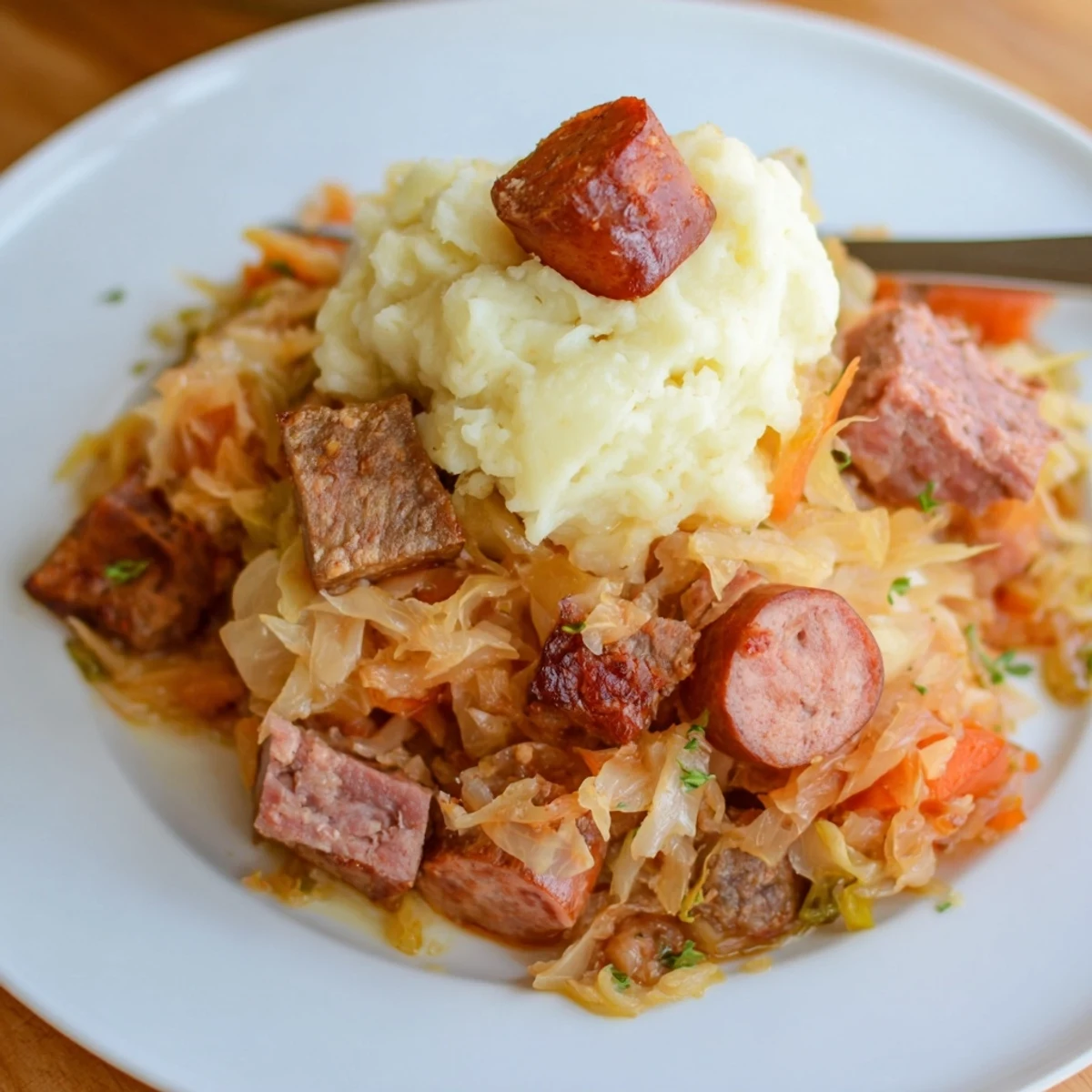 Rich bigos with tender meats and tangy sauerkraut, paired perfectly with smooth mashed potatoes.