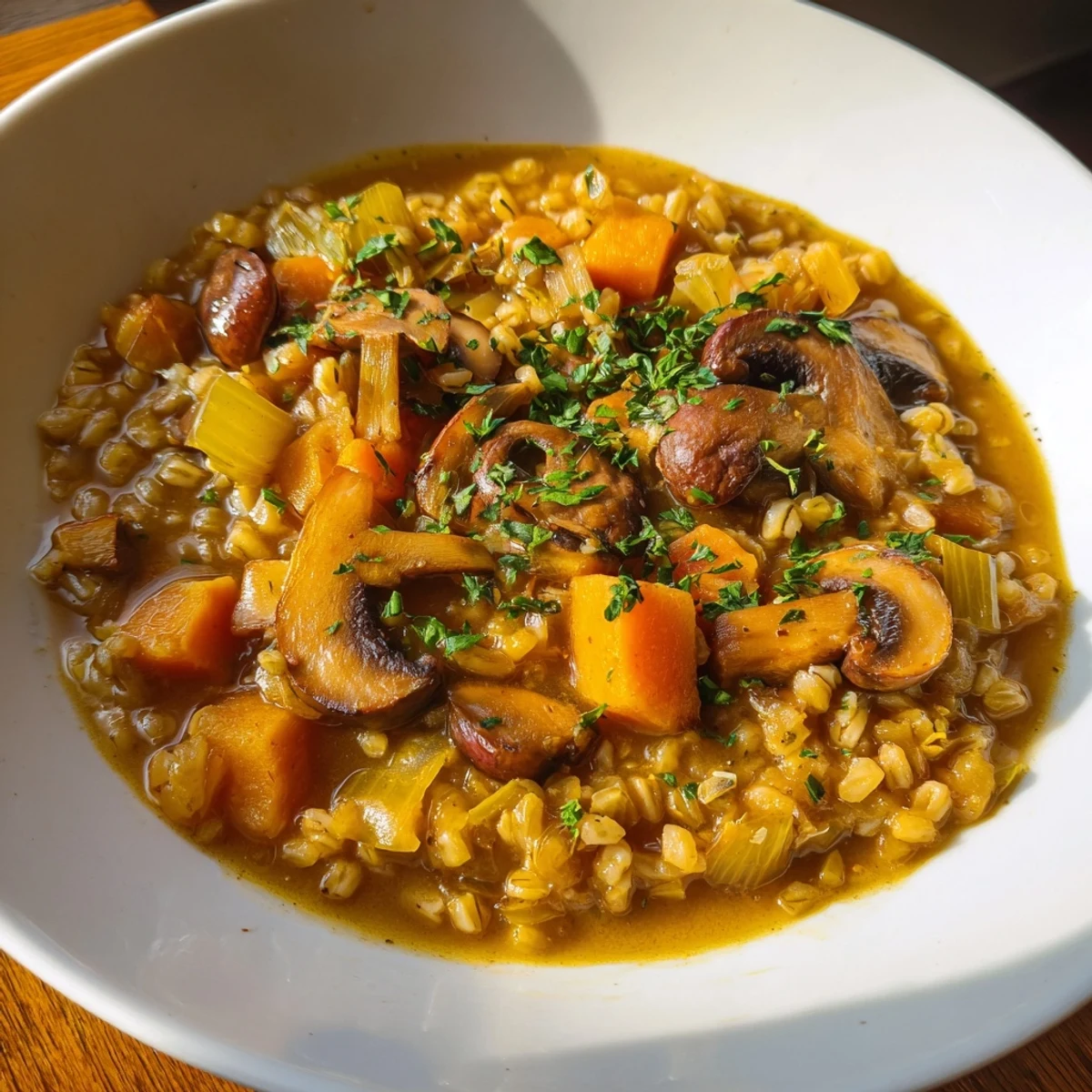 Gęsty gulasz jęczmienny i grzybowy z aromatycznymi warzywami i świeżą pietruszką.  