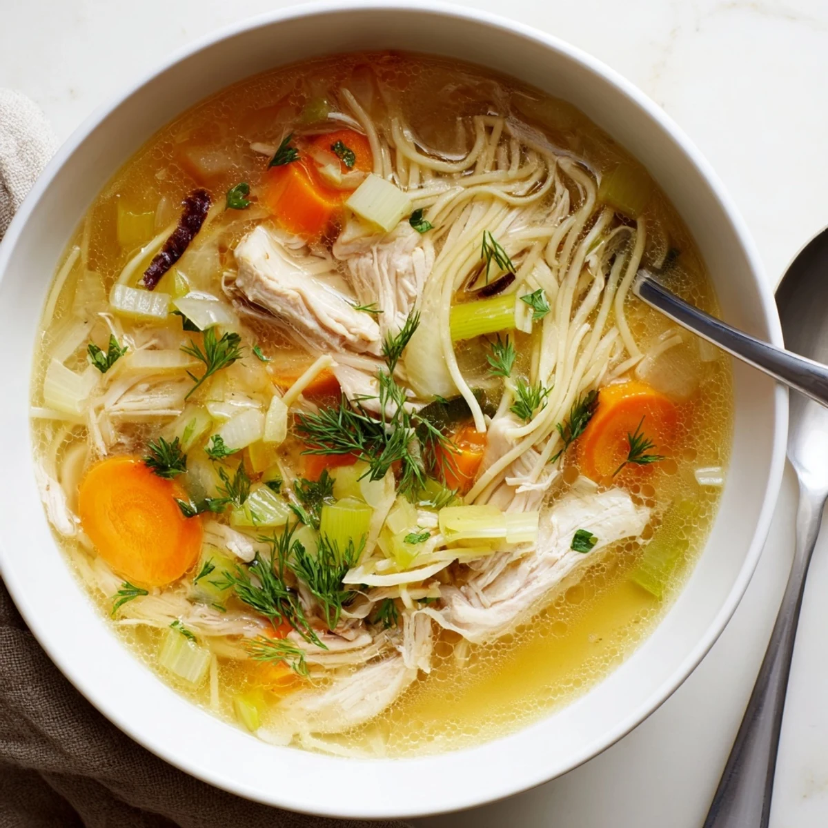 Bowl of Rosół chicken noodle soup with tender meat and vibrant veggies. 