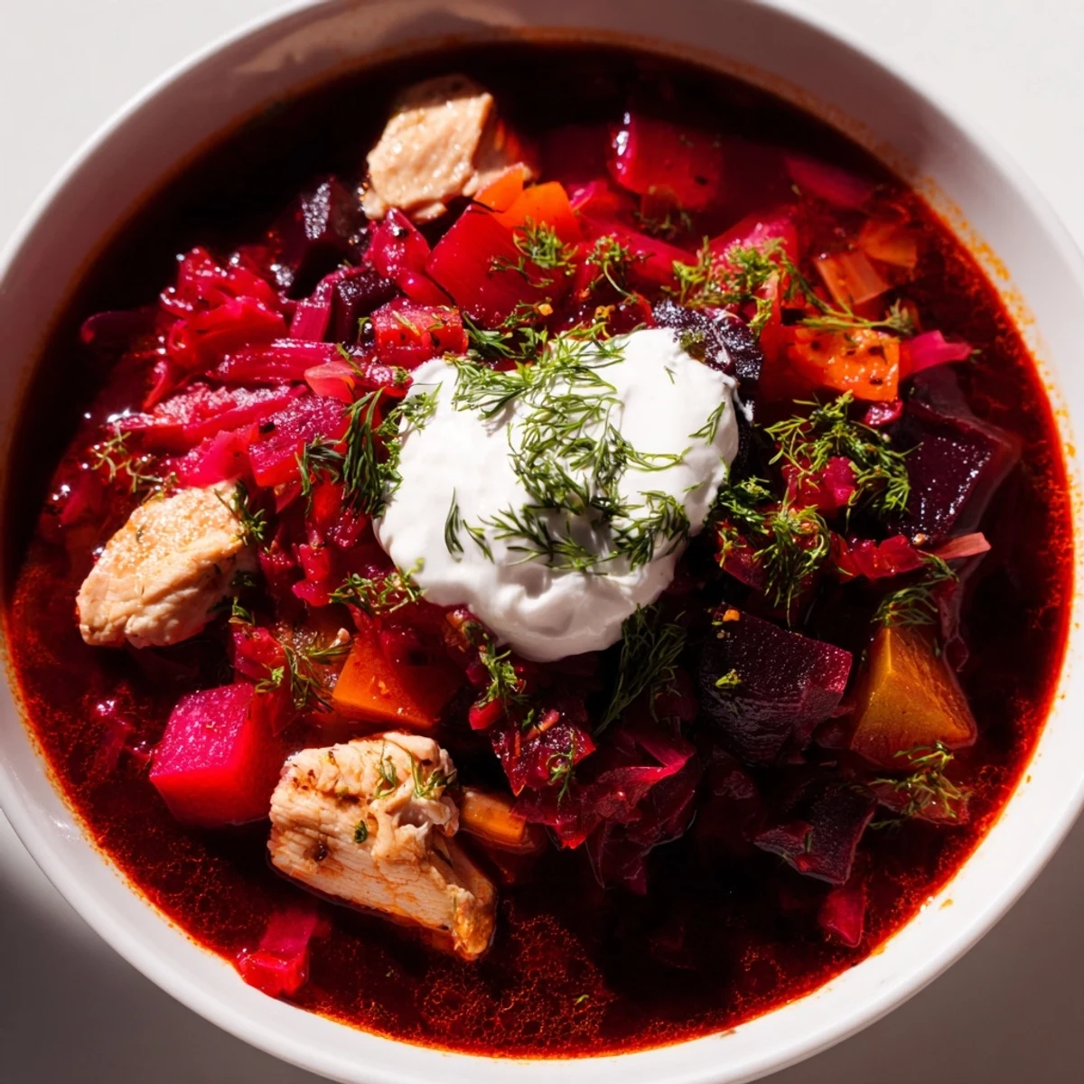 Aromatyczny borszcz z burakami i kurczakiem, podawany z kwaśną śmietaną i świeżymi ziołami.  