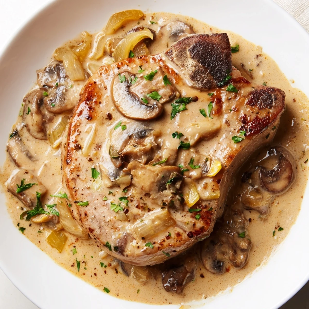 Soczyste kotlety wieprzowe w kremowym sosie grzybowym idealne na rodzinny obiad.  