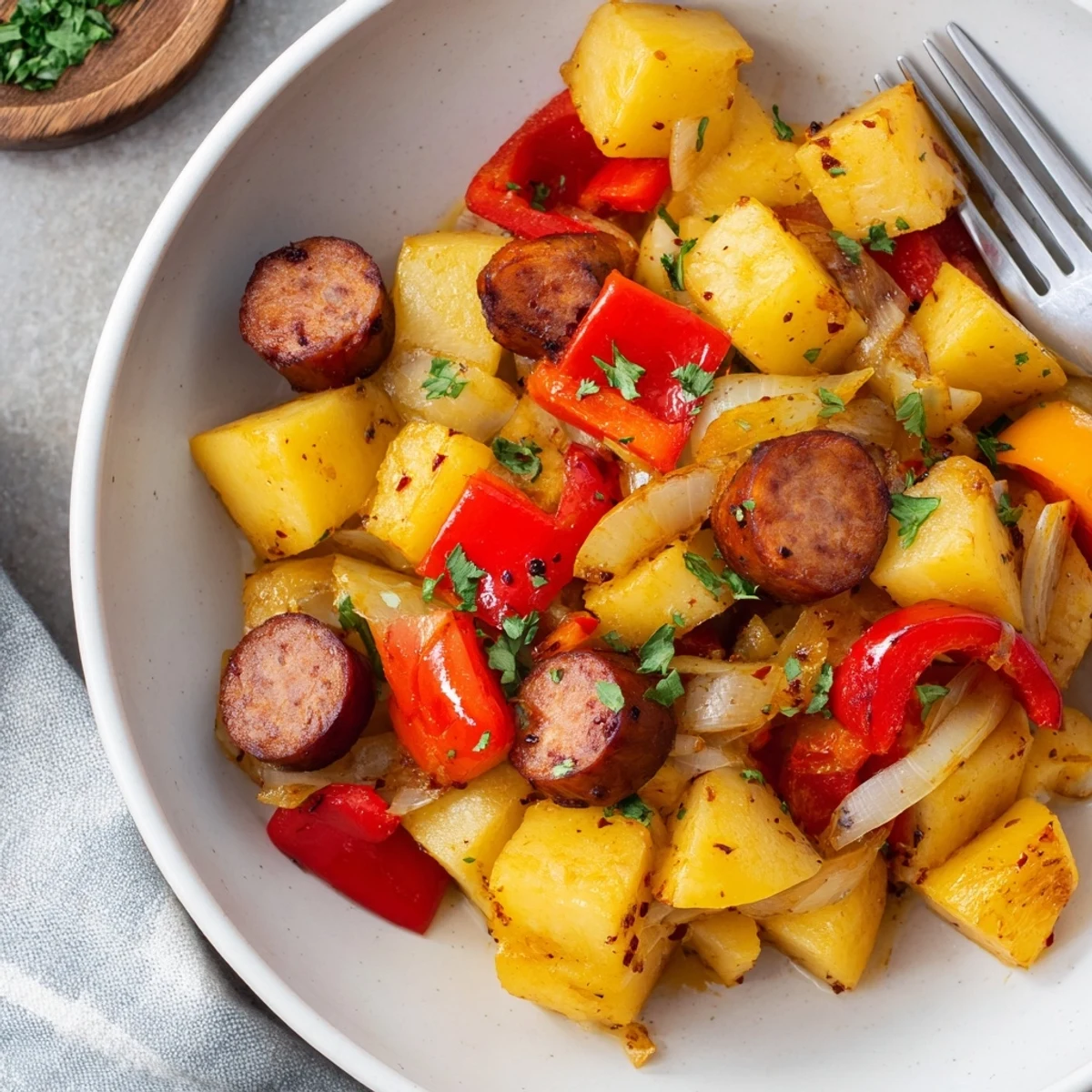 Syta patelnia z kiełbasą polską i ziemniakami, idealna na szybki obiad.  