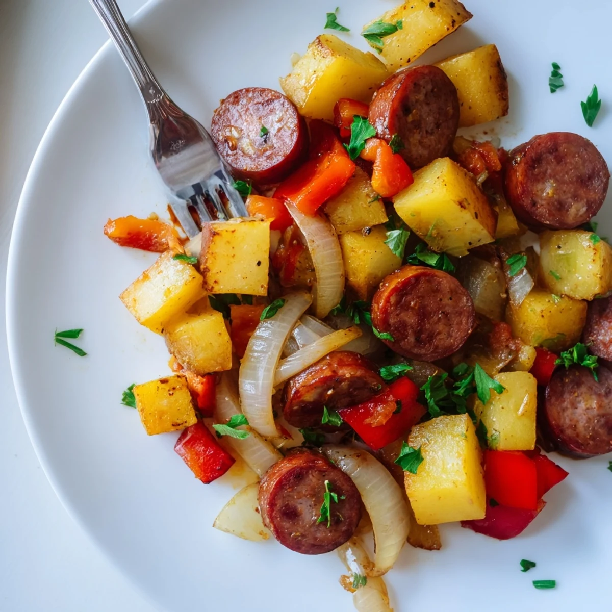 Aromatyczna potrawa z kiełbasy polskiej, pieczonych ziemniaków i świeżej pietruszki.
