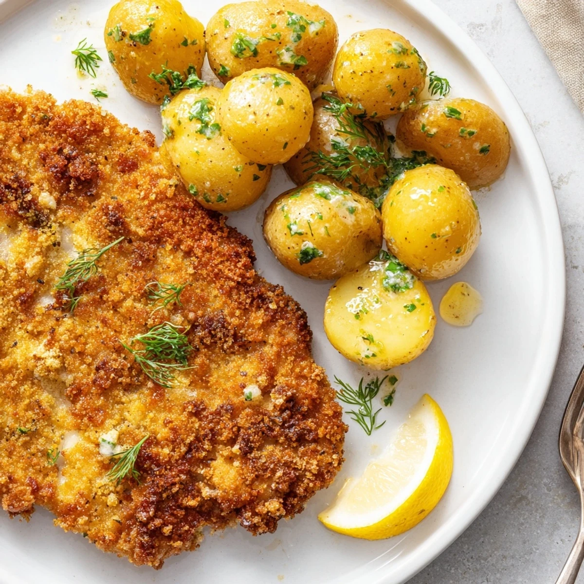 Nieodparta uczta: chrupiący kurczak z delikatnymi, koperkowymi ziemniakami obok.