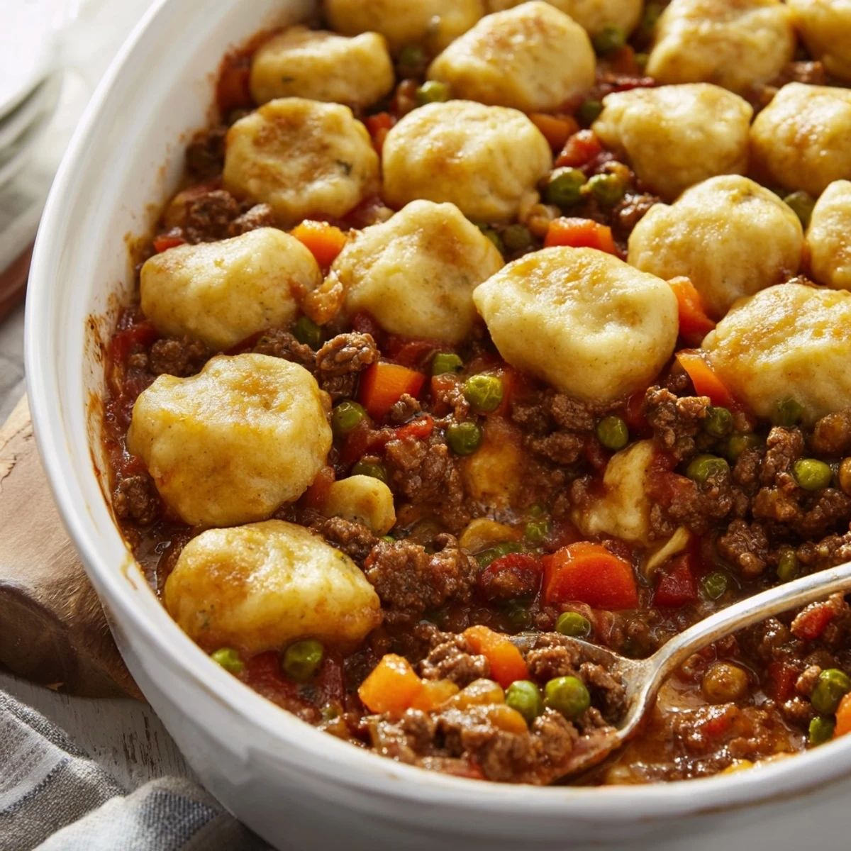 Smakowite kawałki soczystego mięsa z kluskami w pieczonym daniu.  