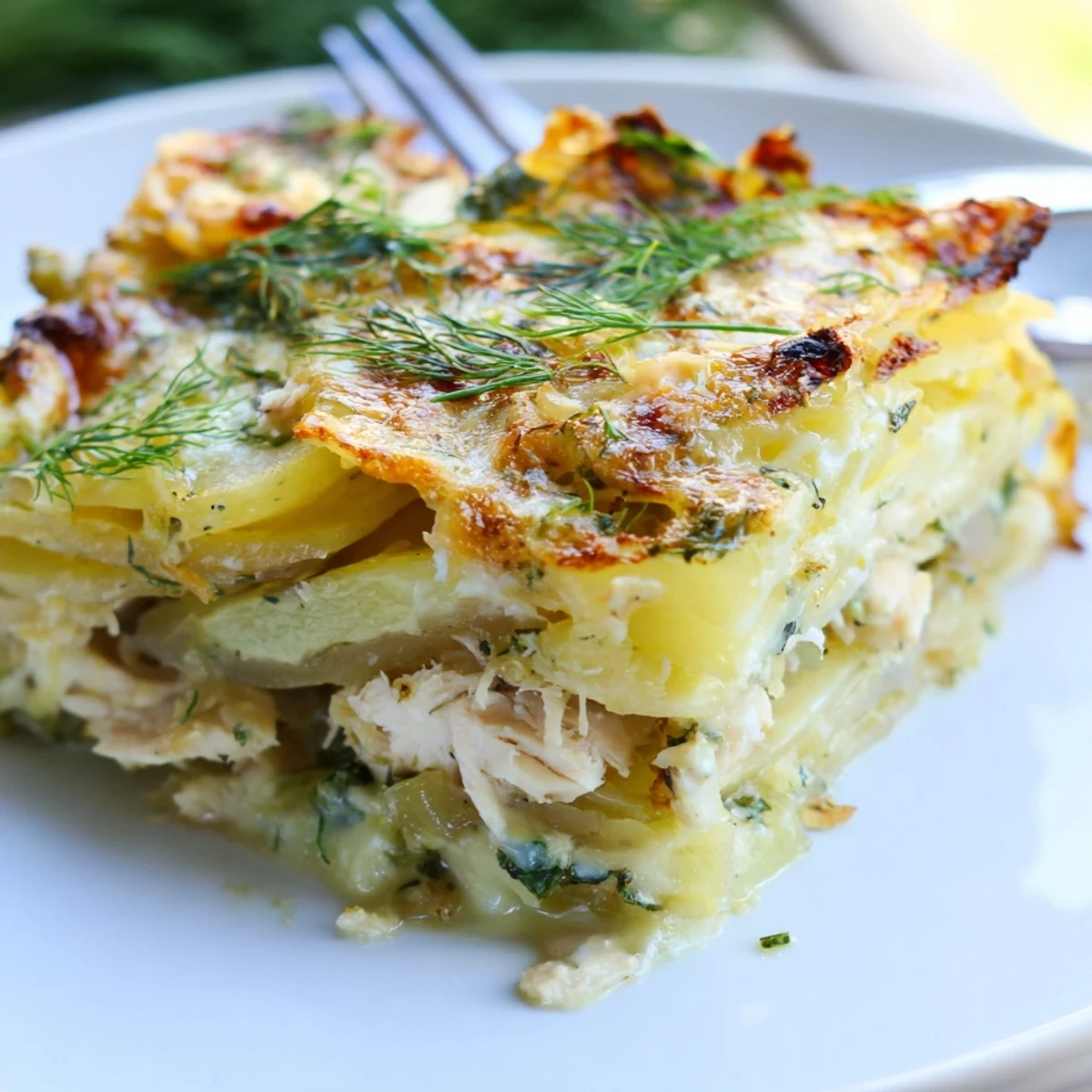 Zapiekanka z kurczaka i koperku, lekko złocista, serwowana z chrupiącą sałatką.