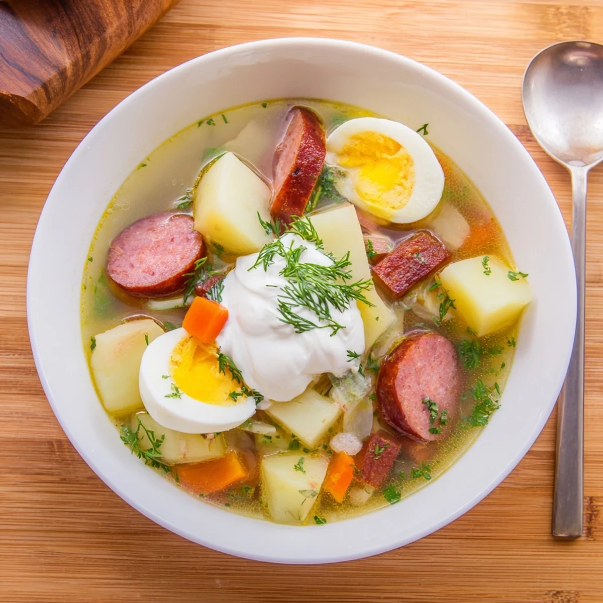 Zupa żurek w misce z soczystą kiełbasą, ziemniakami i hartowanymi jajkami.  