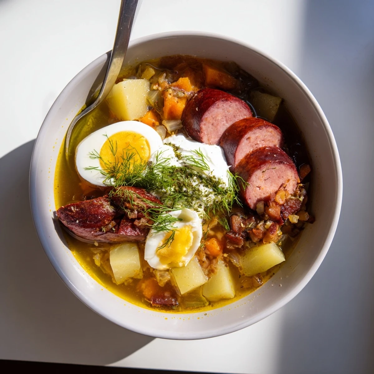 Rozgrzewający żurek z jęczmienia, podany z chudym bekonem i świeżym koperkiem.  