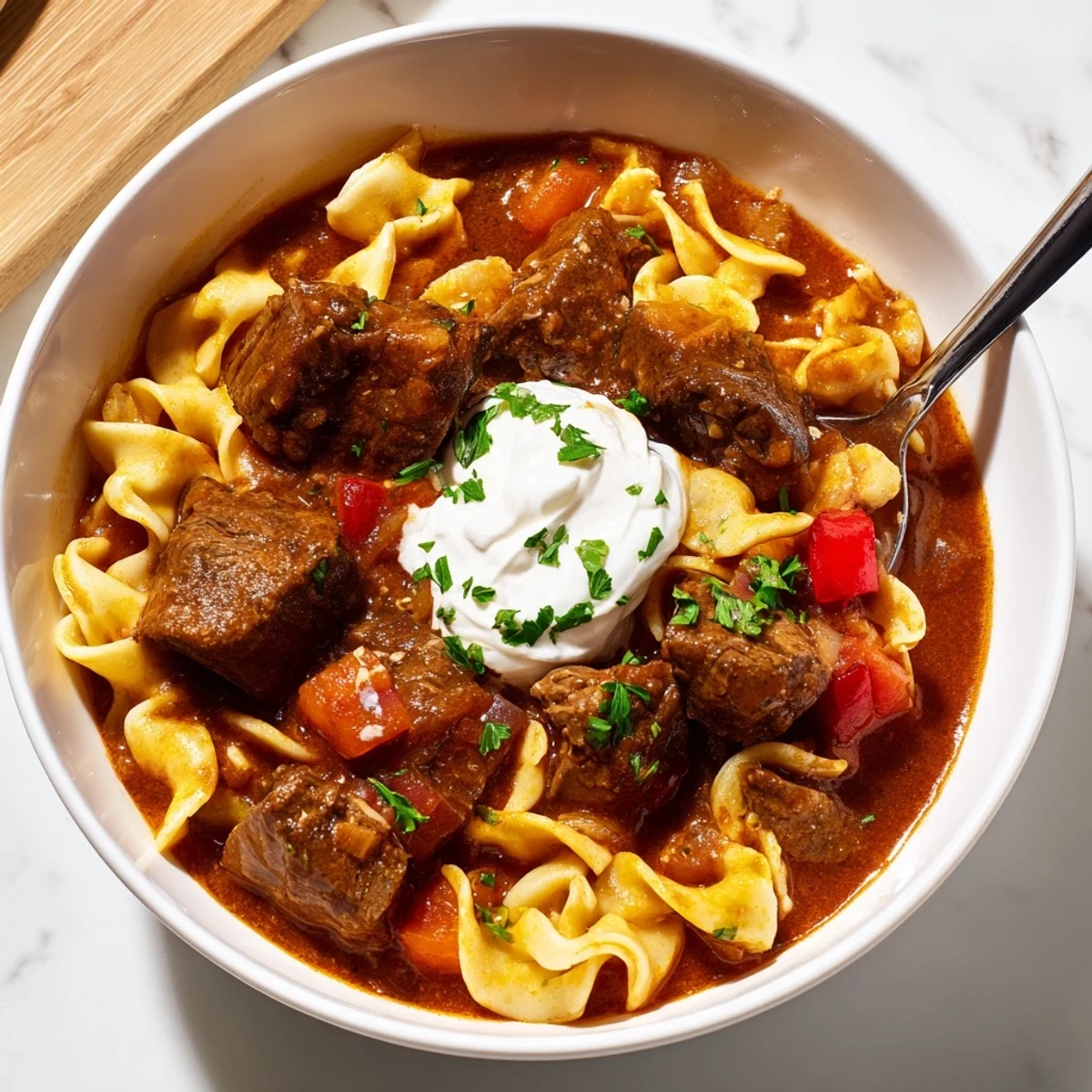 Kremowa miska gulaszu z towarzyszącymi złotymi makaronami jajecznymi.  