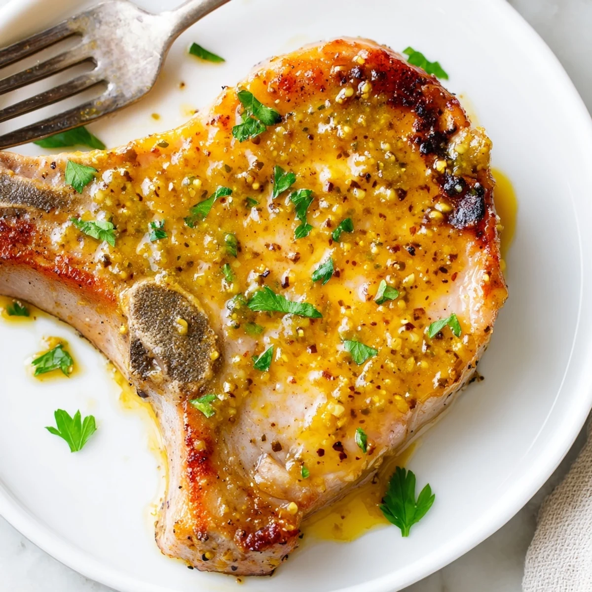 Kotlety wieprzowe z miodem i musztardą, podane z posiekaną natką pietruszki.