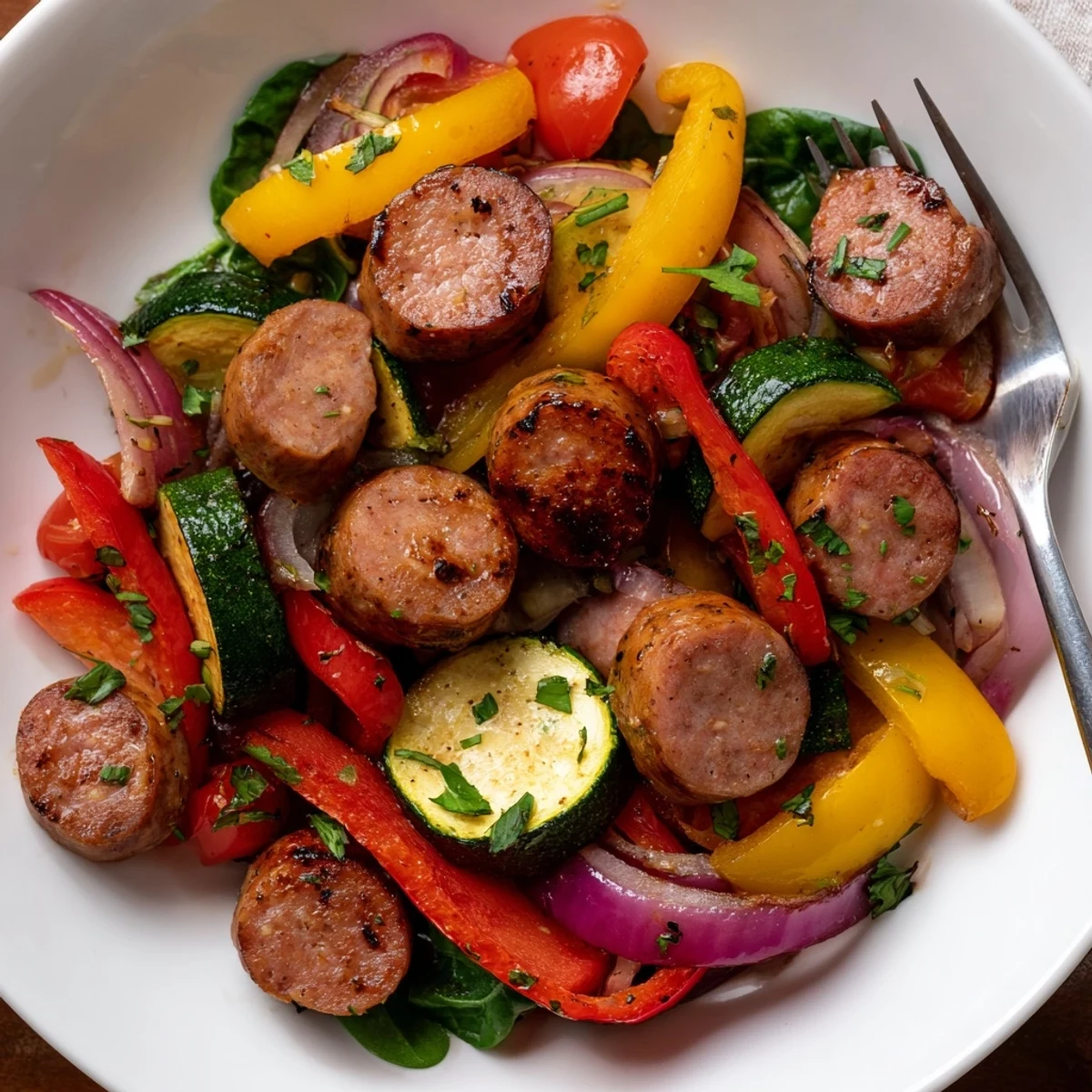 Pyszna, zdrowa skillet z kiełbasą, idealna na szybki obiad w tygodniu.