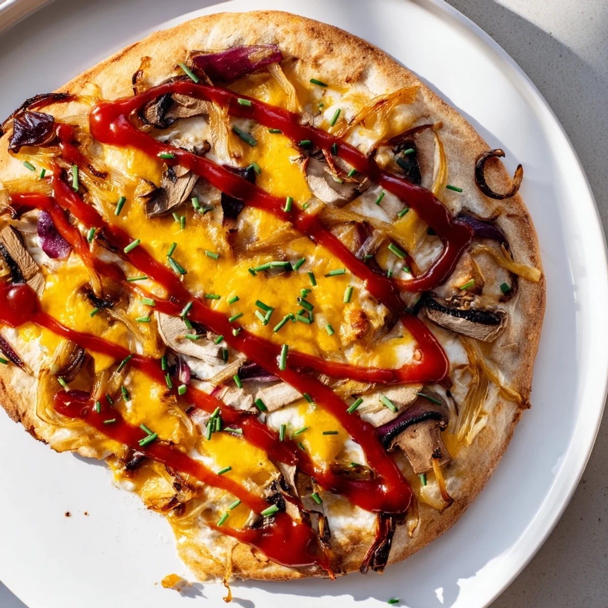 Pizza zapiekanka z karmelizowaną cebulą, serami i ketchupem na złocistym cieście