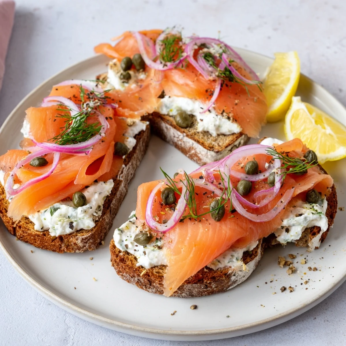 Smakowity wędzony łosoś na blini z herbacianym serkiem i świeżymi ziołami.