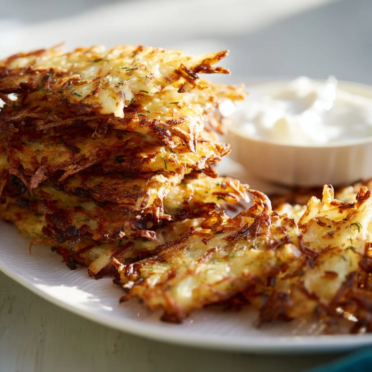 Cienkie, złociste kawałki placków ziemniaczanych idealne do maczania w sosie.  