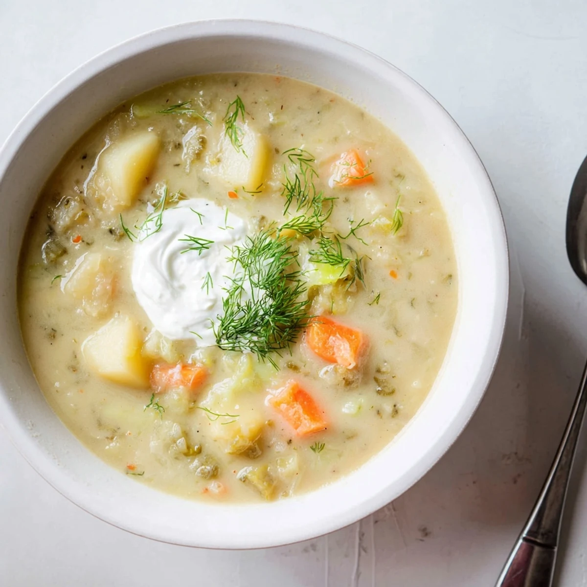 Zupa ogórkowa w polskim stylu z delikatnymi ziemniakami, pietruszką i koperkiem.  