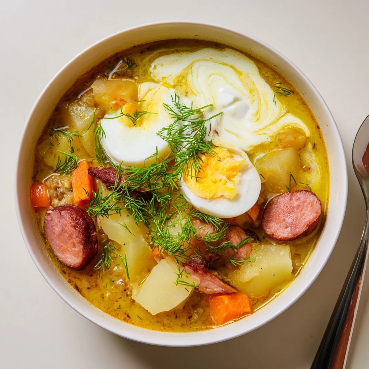 Dymna zupa żurek podawana z kleksem śmietany i świeżym koperkiem.  