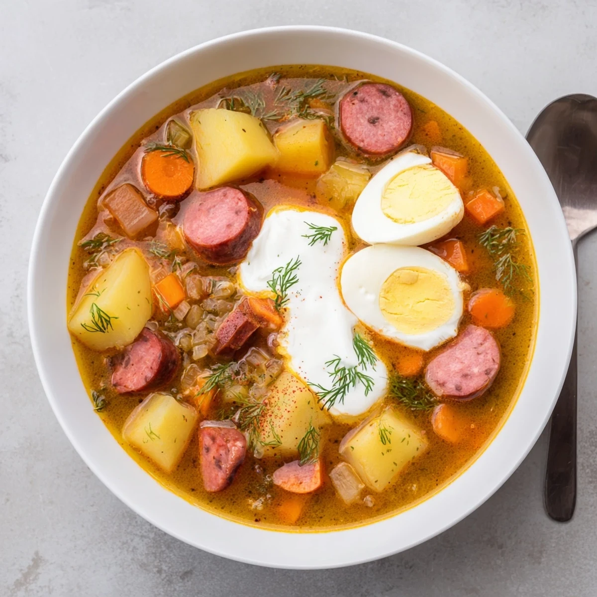 Kremowa zupa żurek z białą kiełbasą, ziemniakami i ugotowanymi jajkami.  