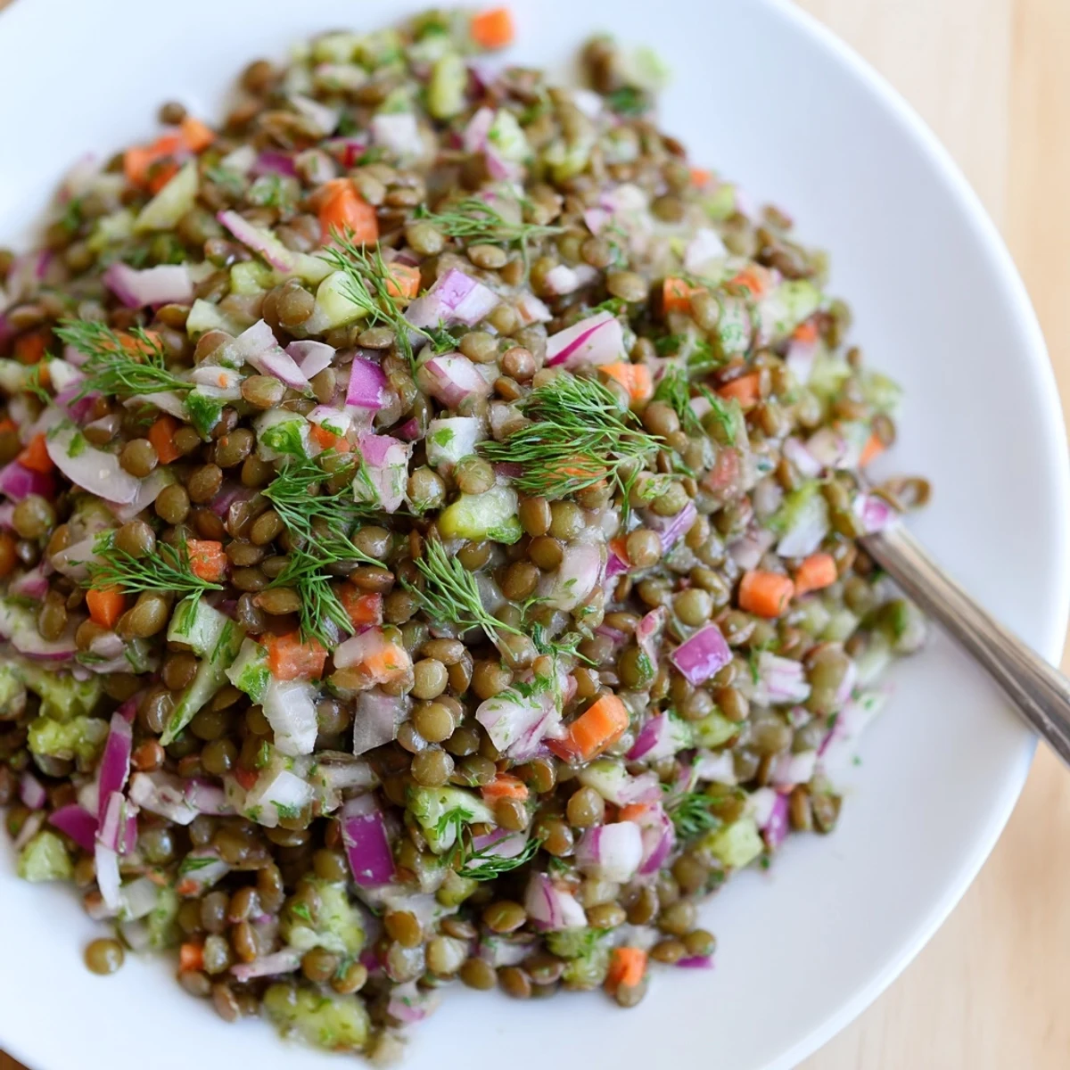 Kolorowa sałatka z soczewicy, idealna na zdrową przekąskę lub przystawkę.  