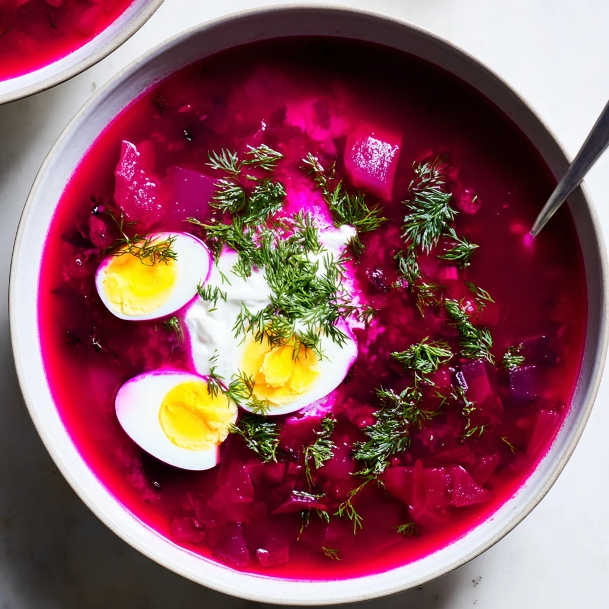 Zupa barszcz z buraków i chrzanu, gorąca i aromatyczna, idealna na chłodne dni.  