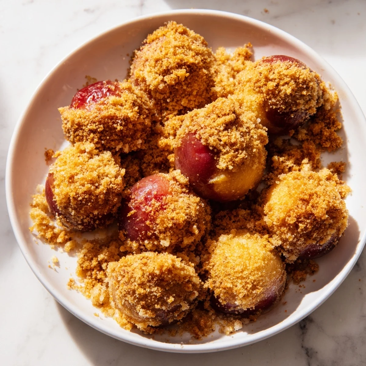 Delikatne plum dumplings z soczystymi śliwkami i posypką cynamonową.