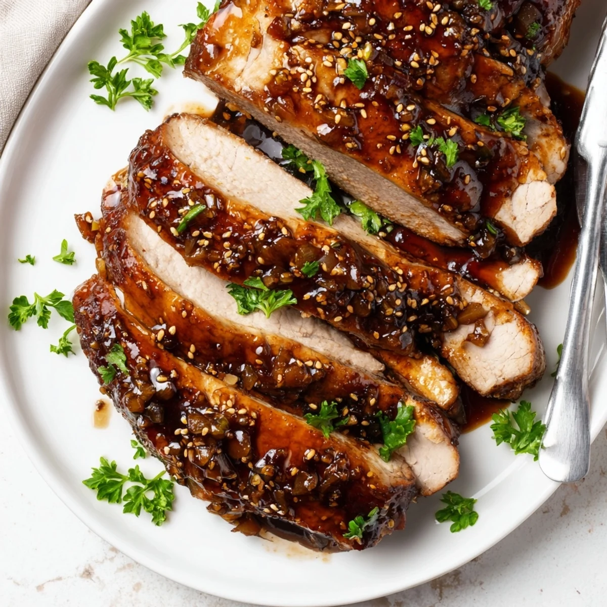 Soczysty pieczony schab w słodko-ostrej marynacie miodowo-czosnkowej, idealny na obiad.  