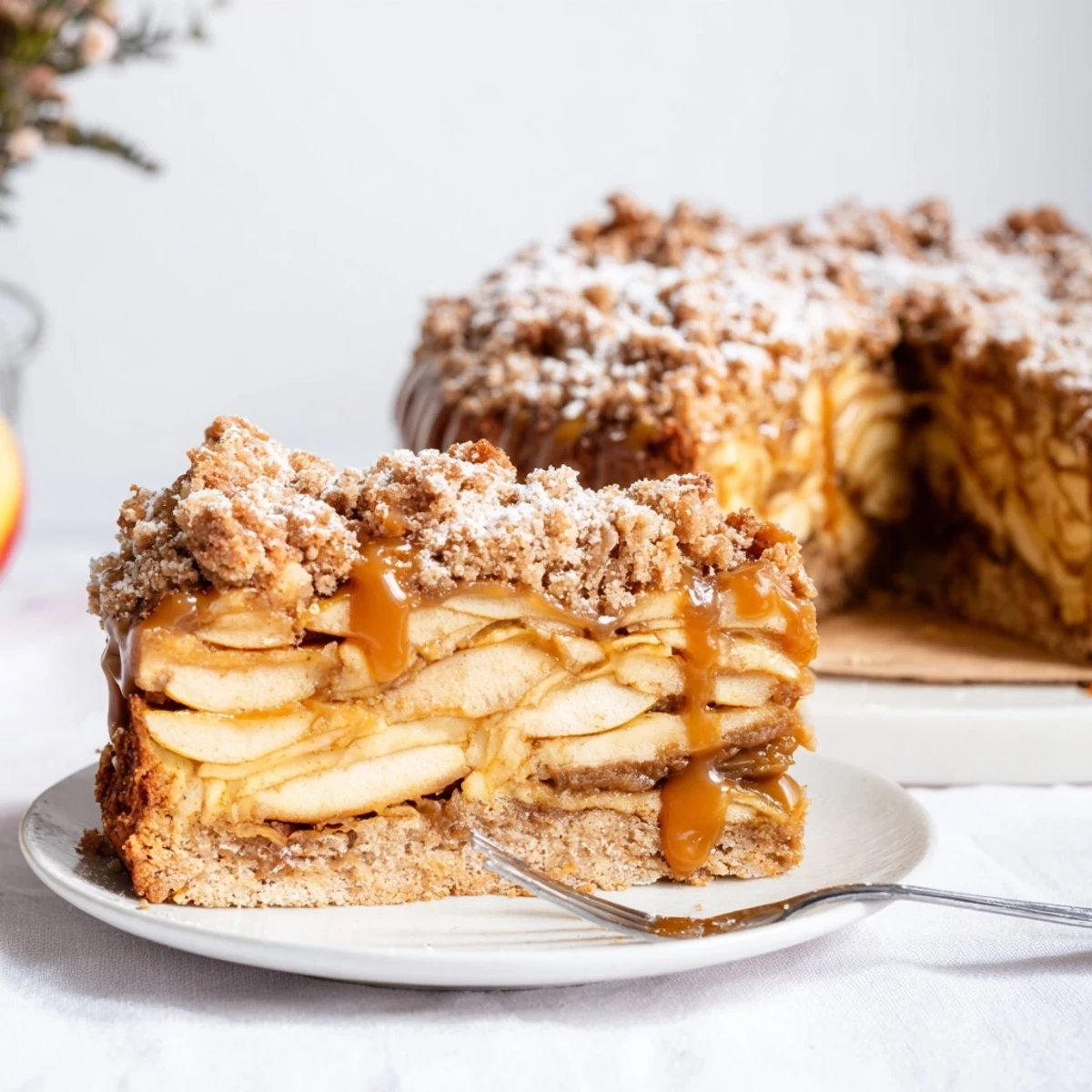 Tradycyjny polski jabłkowo-karmelowy tort z delikatnymi jabłkami i kruchym spodem.  