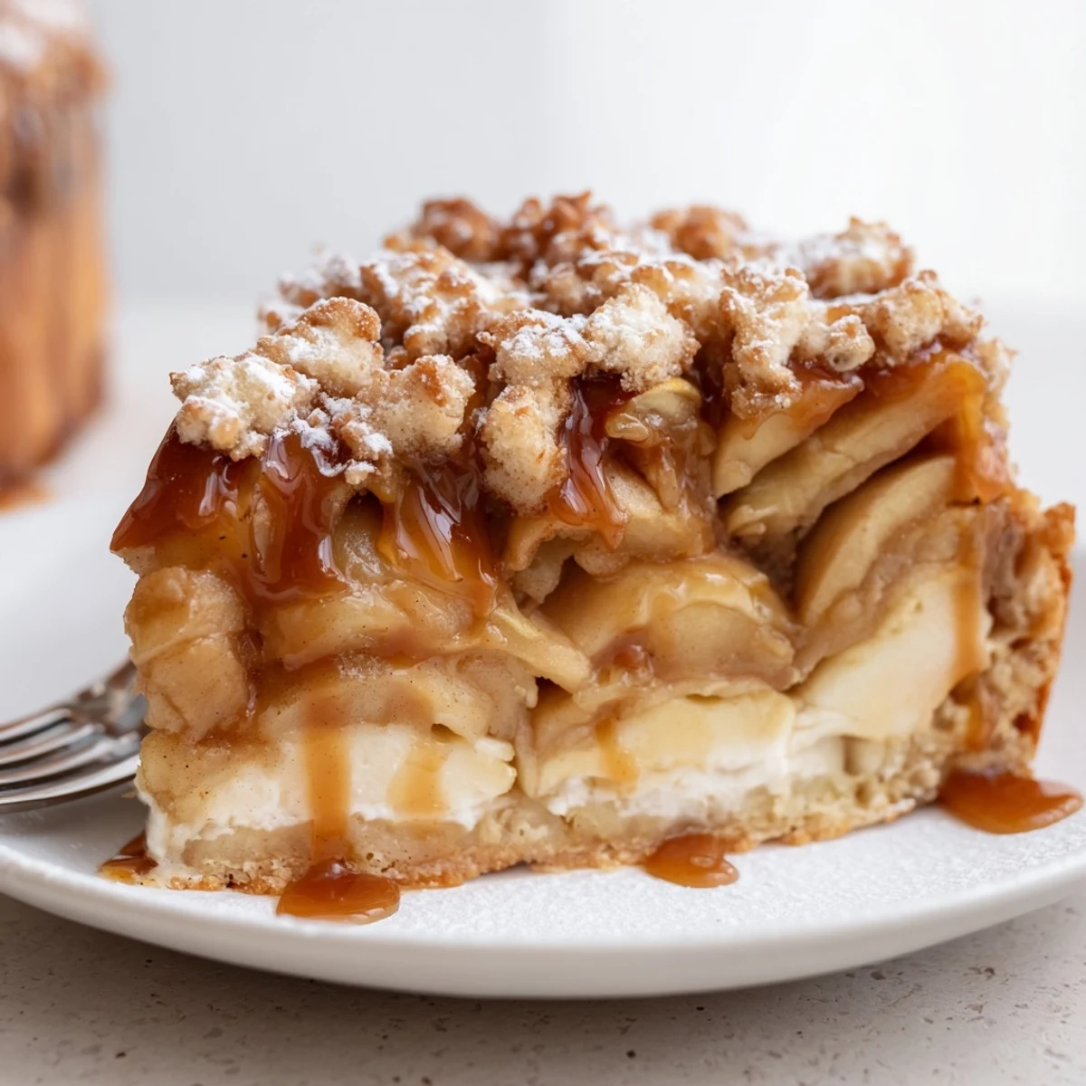 Pyszny tort jabłkowo-karmelowy z chrupiącą kruszonką, idealny na każdą okazję.  