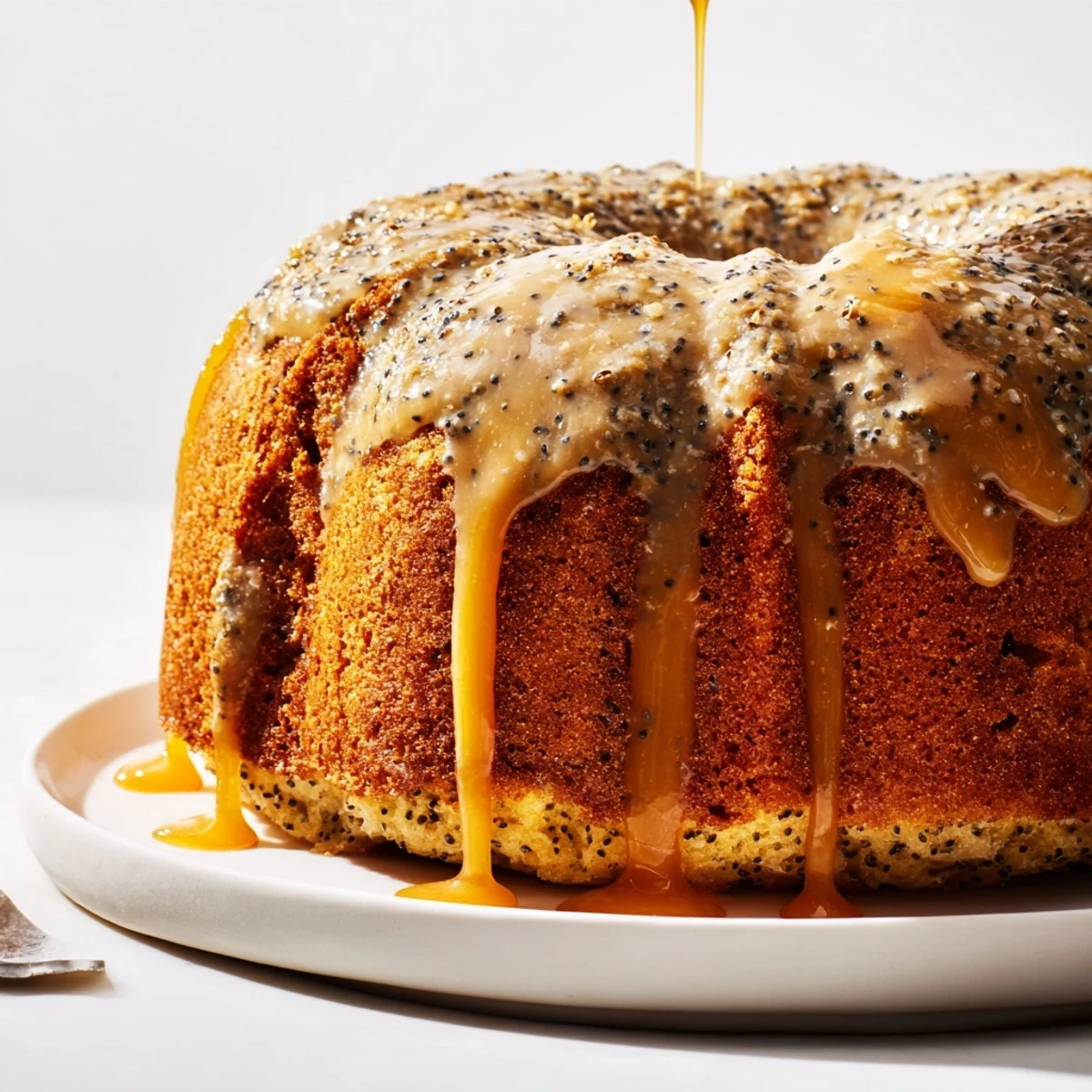 Delikatne ciasto makowe z karmelowym polewą, charakteryzujące się doskonałym smakiem.