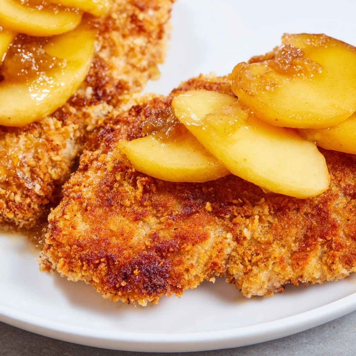 Crispy-coated Schab Smażony Rococo Złoto, a Polish fried pork cutlet with melting apples on top.