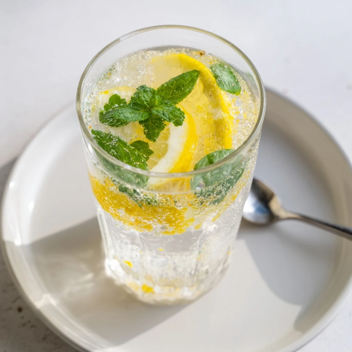 Refresz Vintage mocktail, garnished with lemon and mint, perfect for a refreshing, bubbly summer drink.