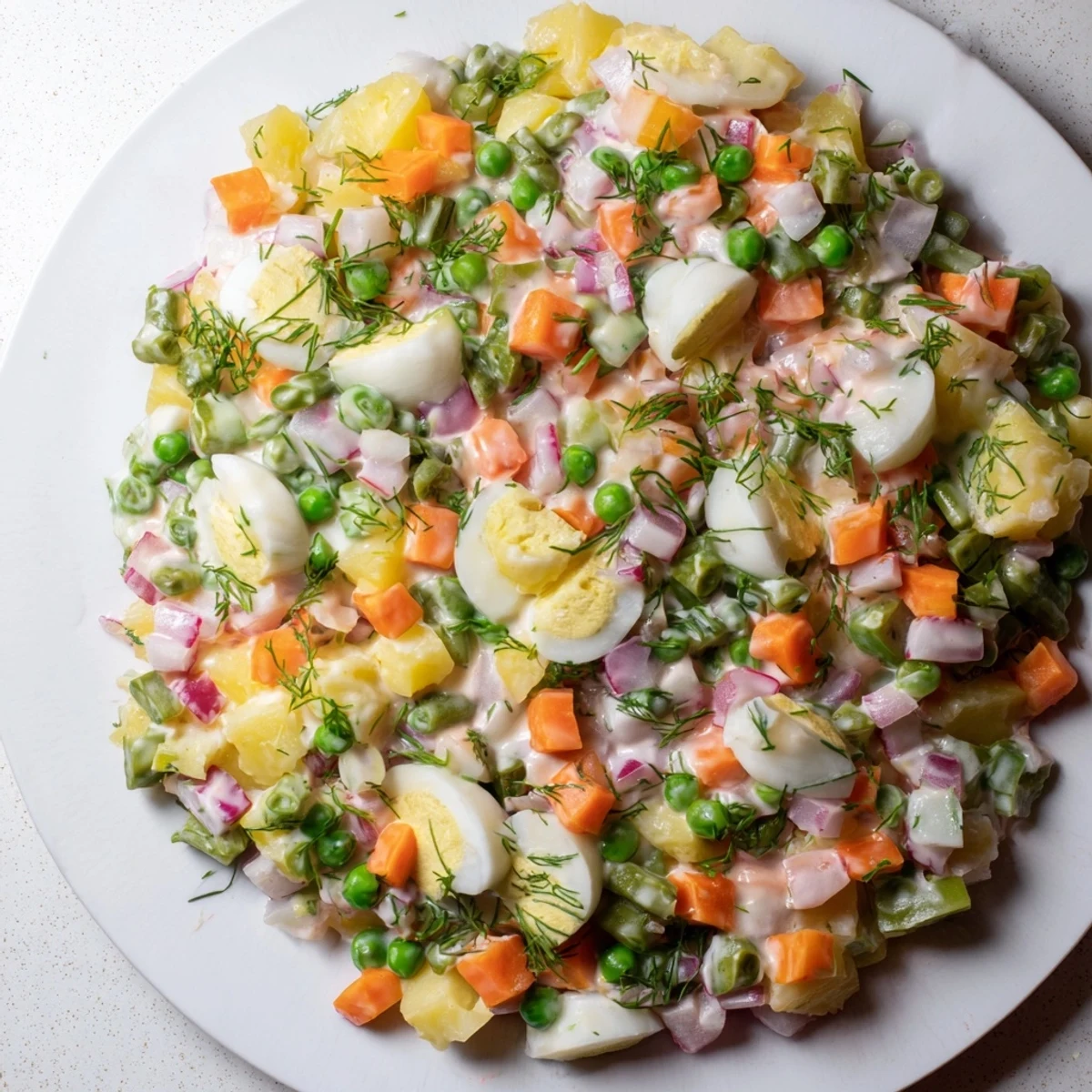 Kremowa sałatka warzywna po polsku z kefirem Rococo, idealna jako dodatek lub lekki posiłek z pieczywem.