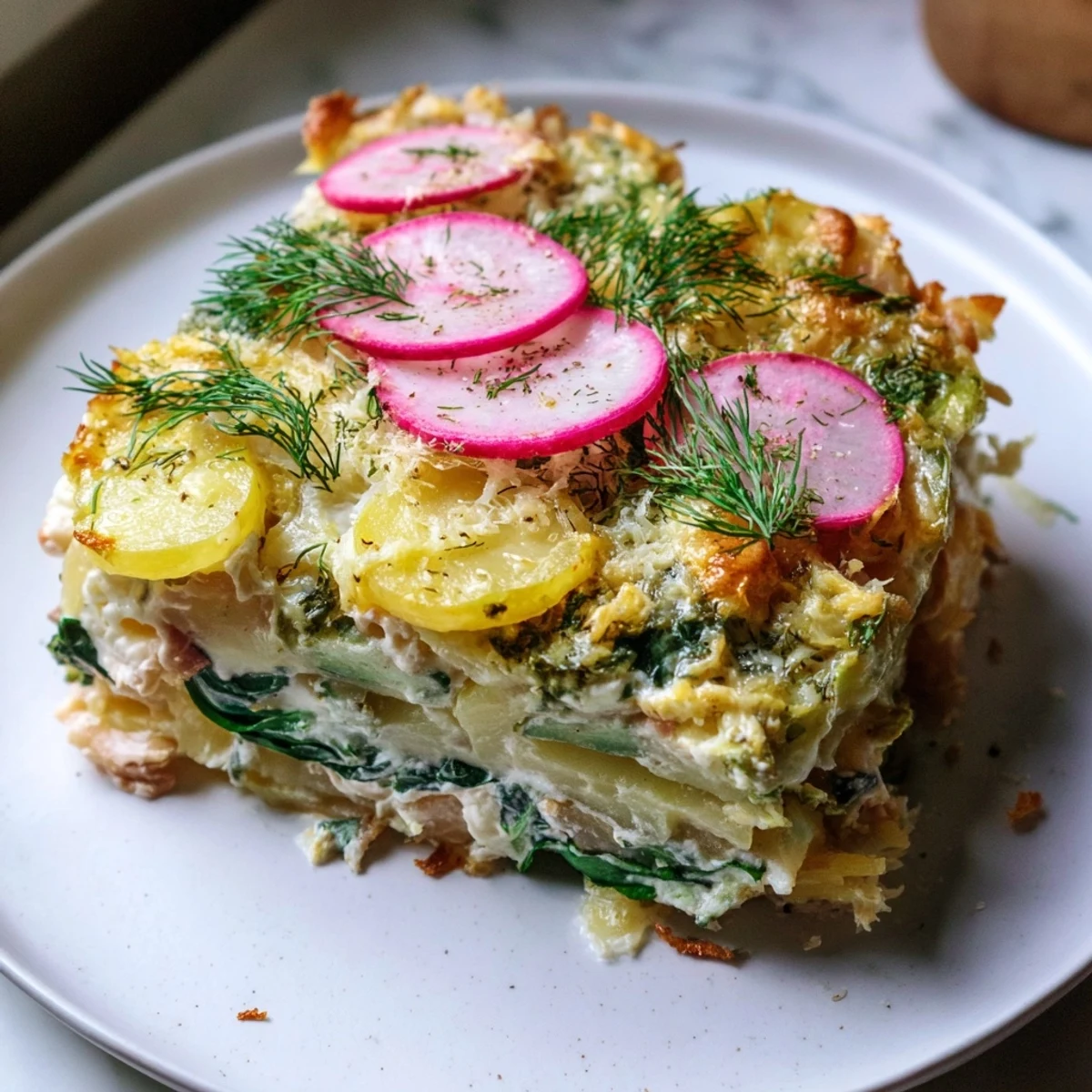 Golden, baked Surrealistyczna Zapiekanka Żaba, featuring layers of potatoes, pickles, and creamy cheese.