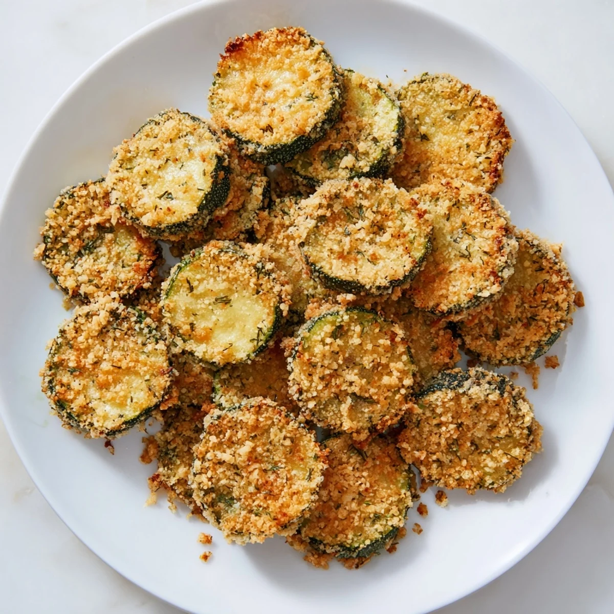 Złote i chrupiące smażone ogórki z koperkiem i panko, idealne jako wegetariańska przekąska.