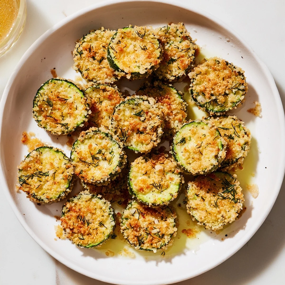 Apetyczne, panierowane i usmażone ogórki z koprem i panko, serwowane z dipem czosnkowym.