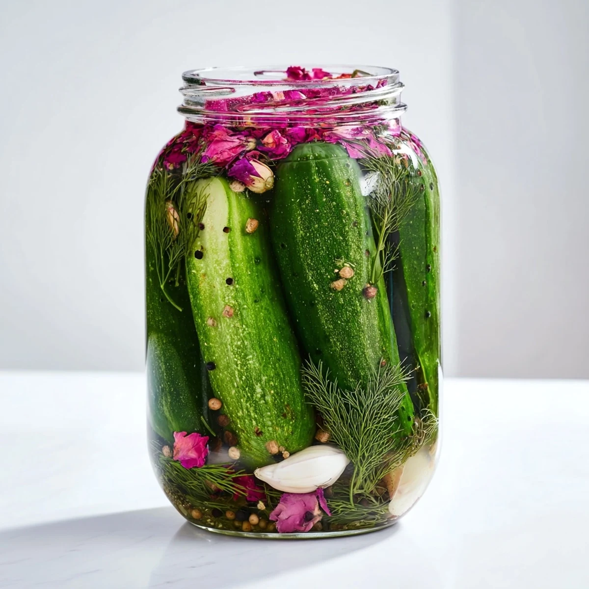 Świeżo przygotowane pickles Margarita Gorkowa z różowymi płatkami, doskonałe do podania z wódką.