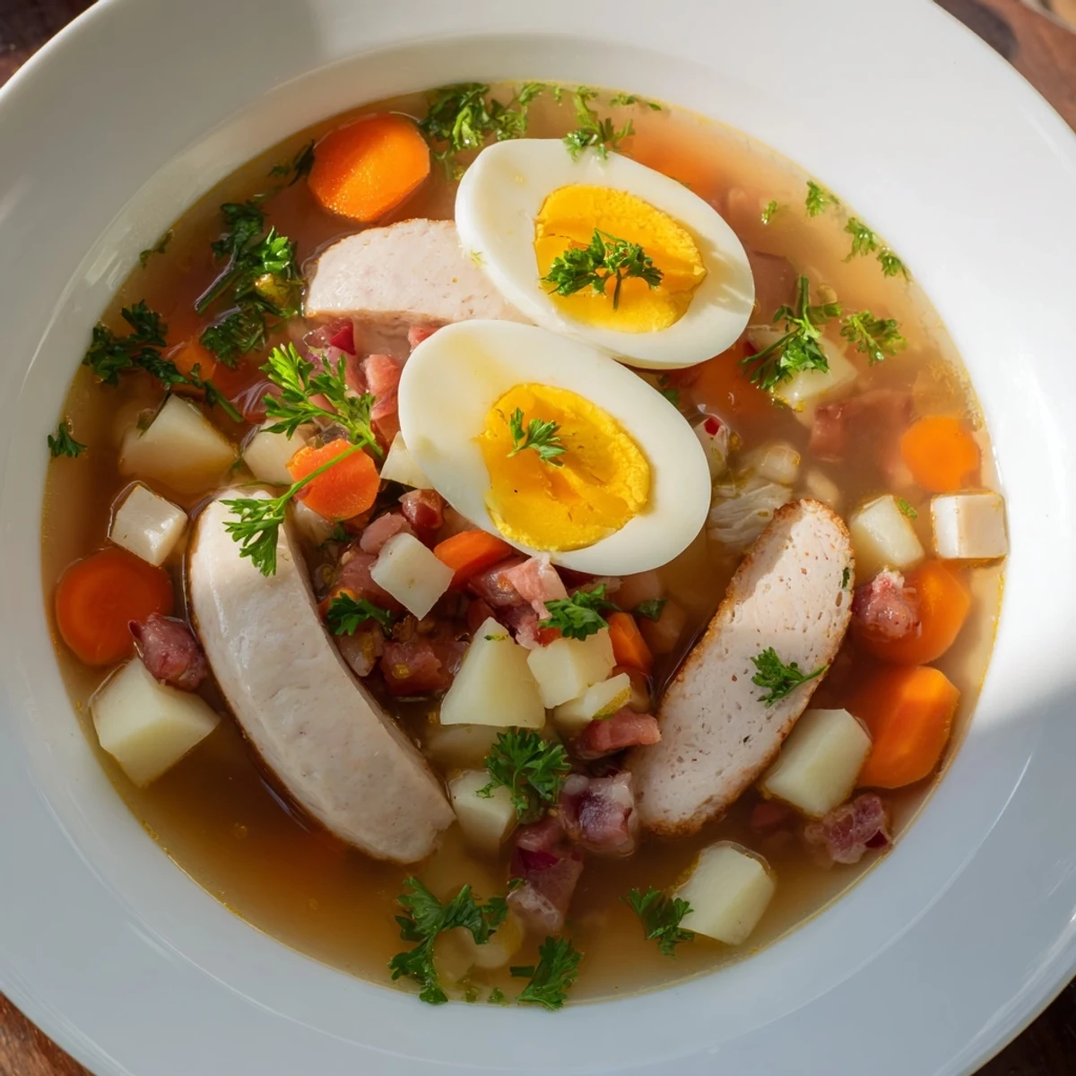  Aromatyczna, gorąca miska żuru tradycyjnego, gotowa do spożycia z plasterkami jajek i natką pietruszki.