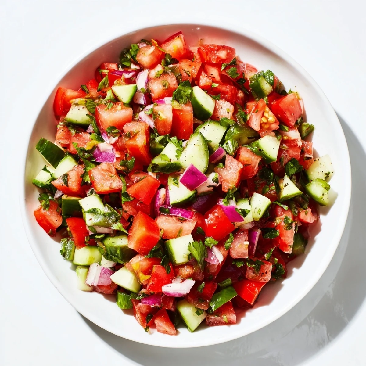 Miseczka pełna kolorowego, pikantnego pico de gallo z dodatkiem świeżych i aromatycznych ogórków kiszonych.