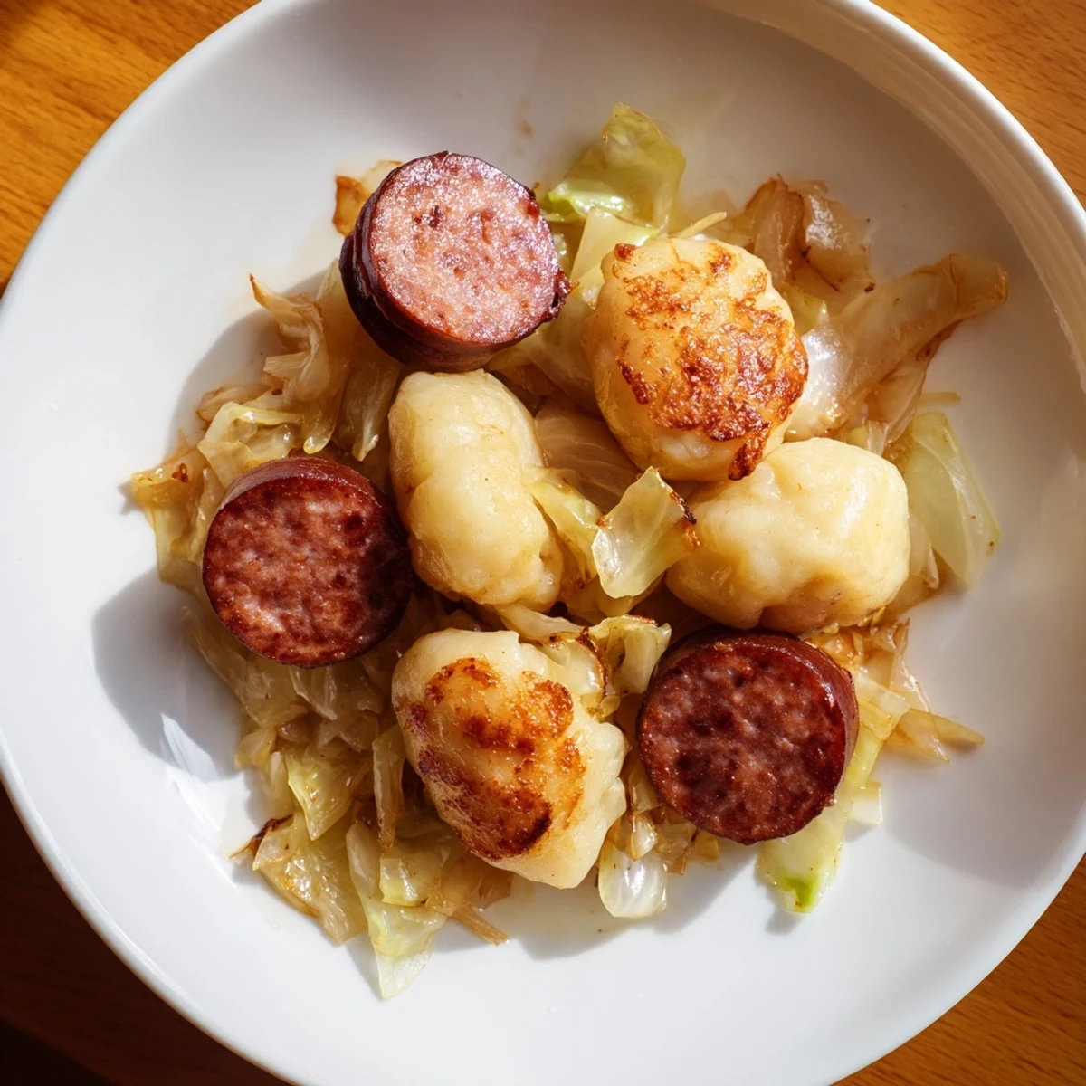 Golden-brown kopytka with kielbasa and cabbage: a hearty Polish comfort food feast.