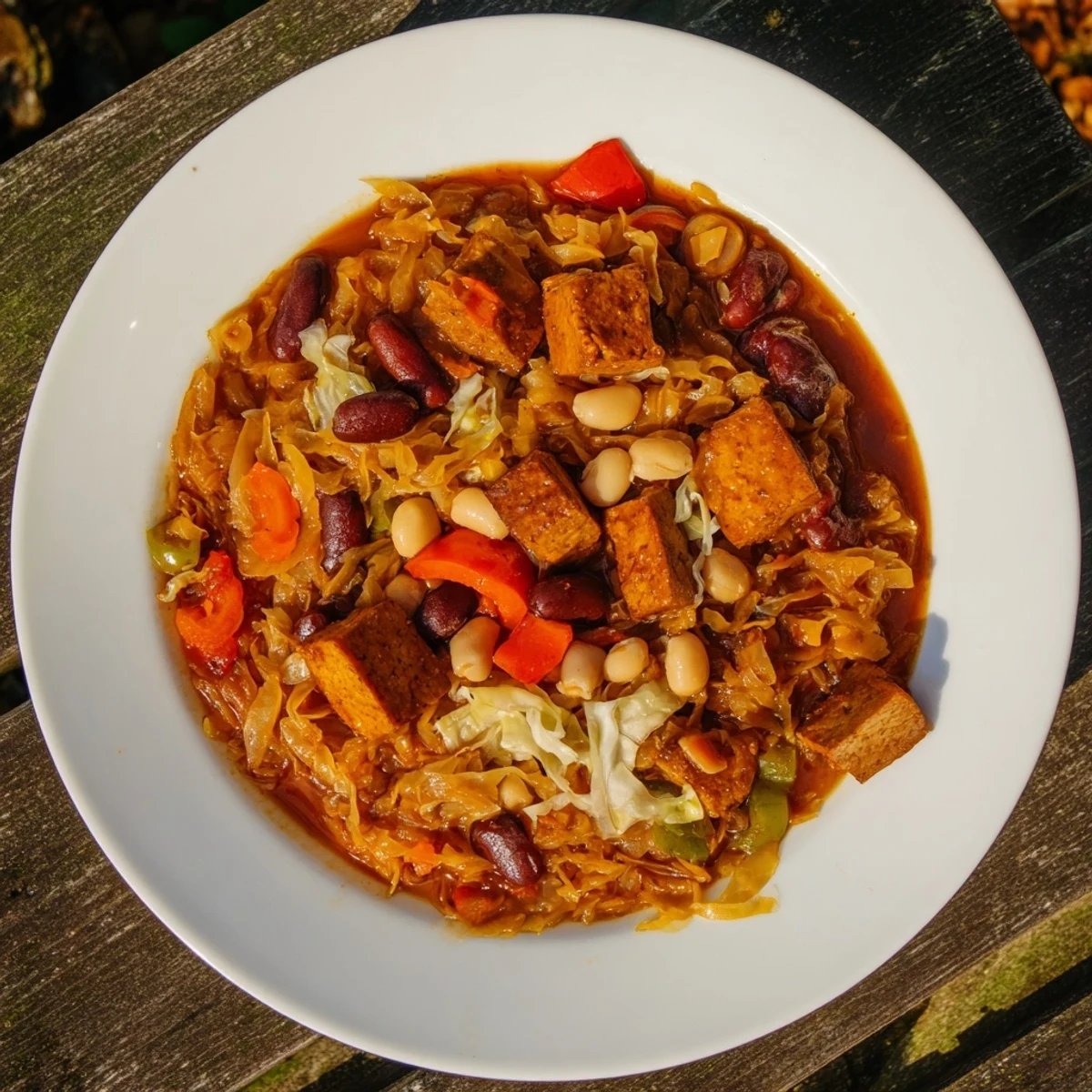 A big bowl of flavorful Vegan Bigos, Polish hunters stew, garnished for serving.