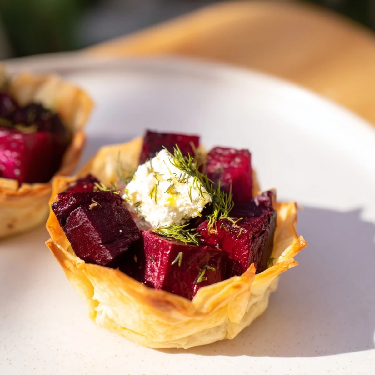 Chrupiący spód tarty z burakami i kozim serem, wypełniony kremowym nadzieniem z koziego sera.