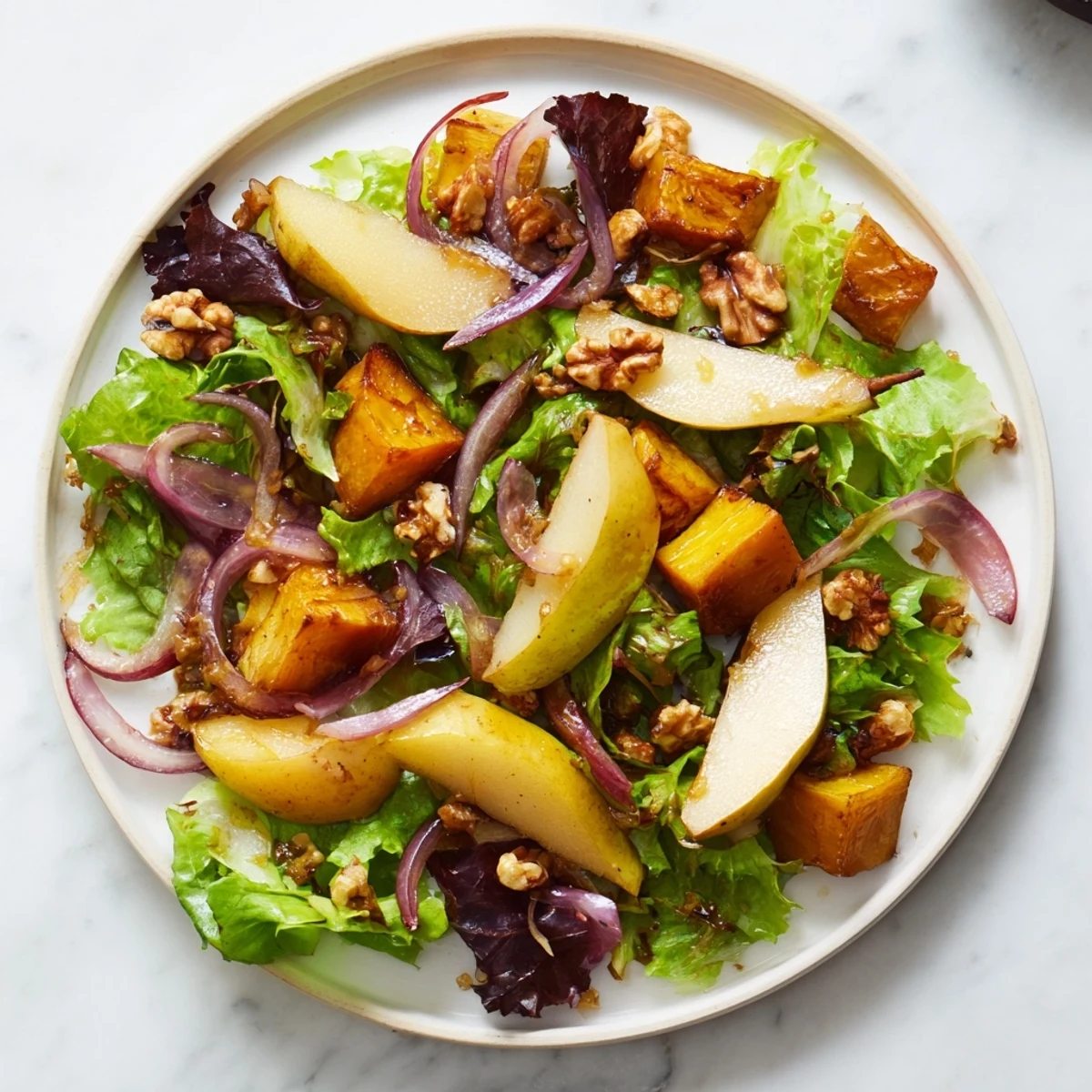 Vibrant image of oven-roasted parsnip and pear salad, offering sweet and savory flavors.