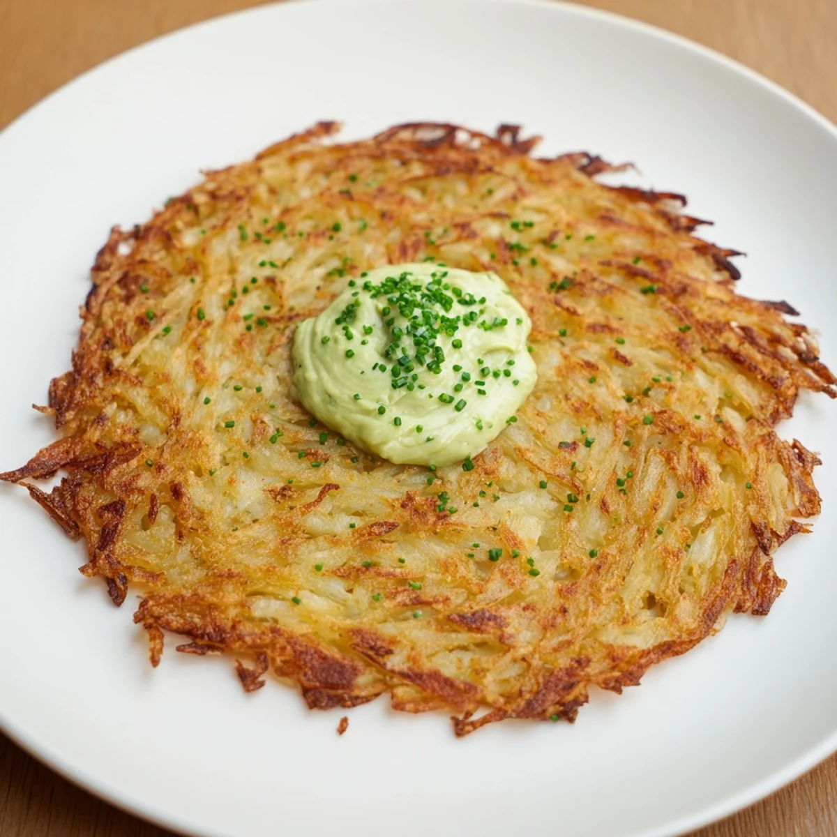 Golden-brown potato pancakes with creamy wasabi-avocado dip, a flavorful fusion appetizer.