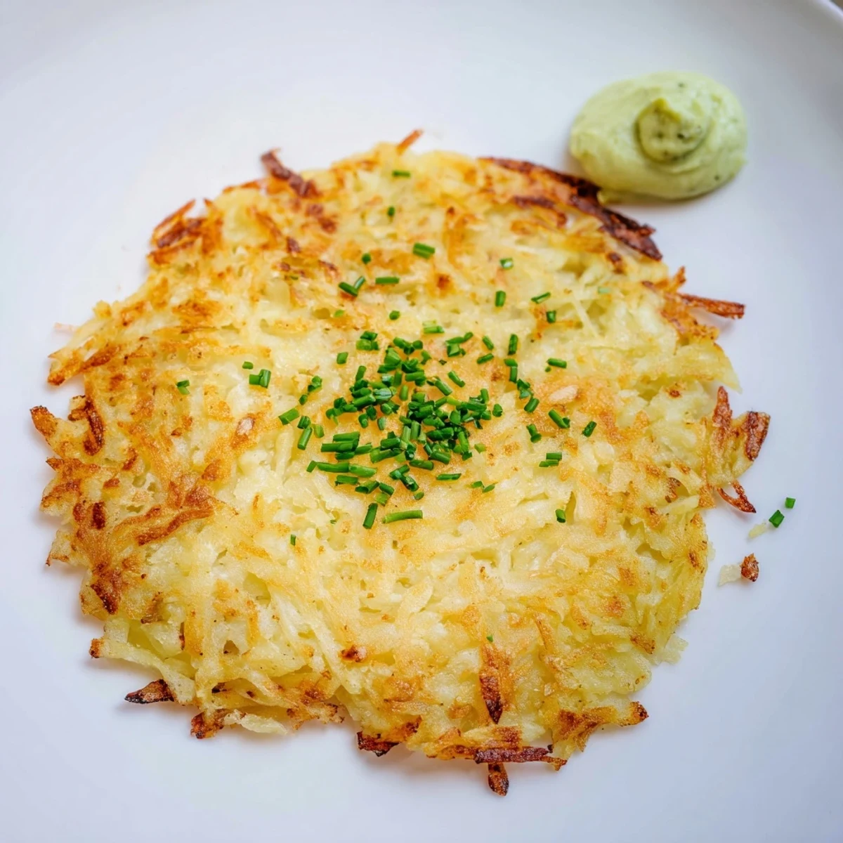 Crispy potato pancakes are served alongside a vibrant wasabi-avocado dip for dipping and enjoyment.