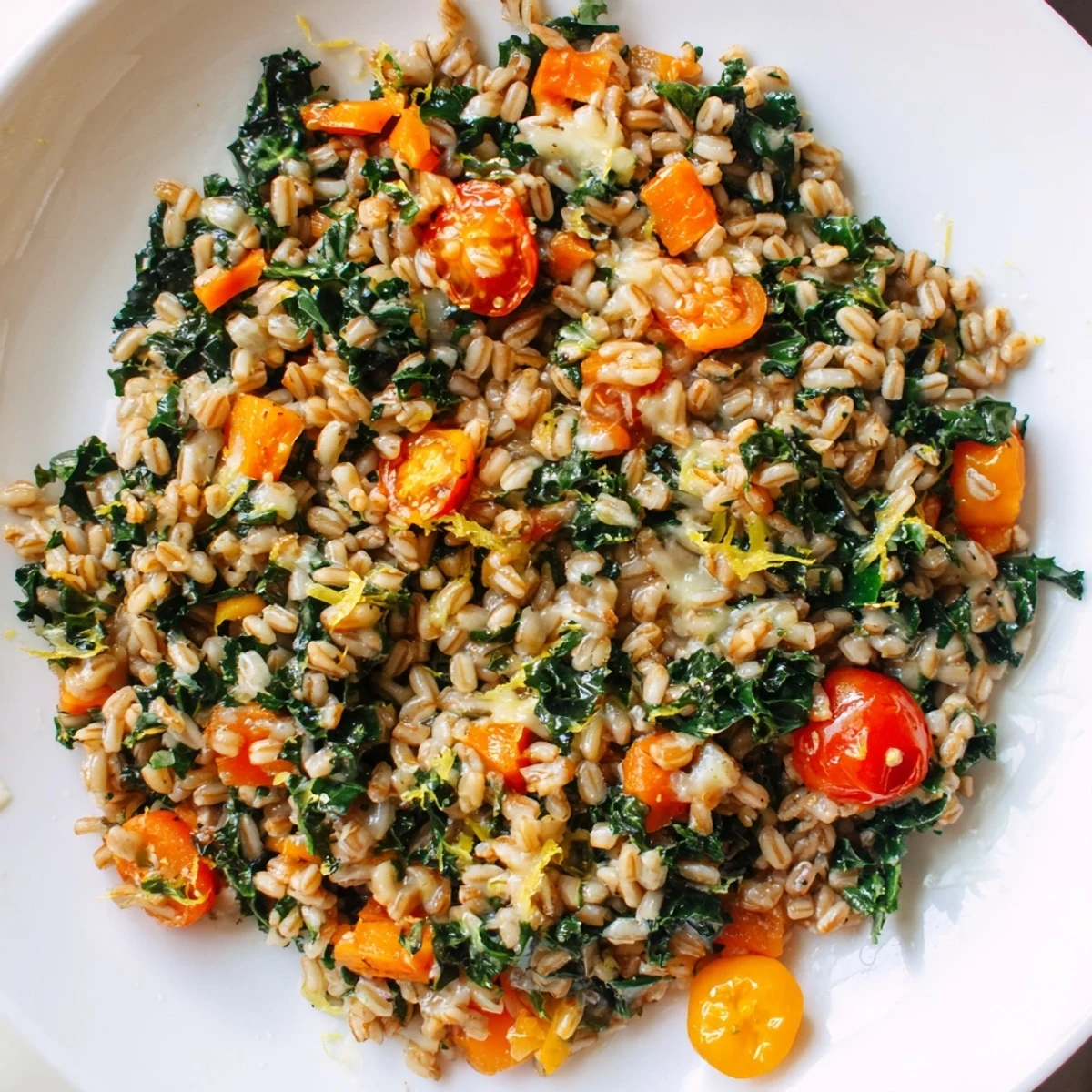 Złoty, wypiekany w piekarniku Barley and Kale Casserole z cytrusowym aromatem w ciepłym naczyniu.