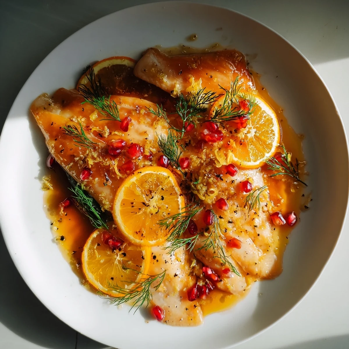 Złocisty karp z cytrusowym lukrem, pełen smaku, serwowany na świąteczne prezenty dla gości.