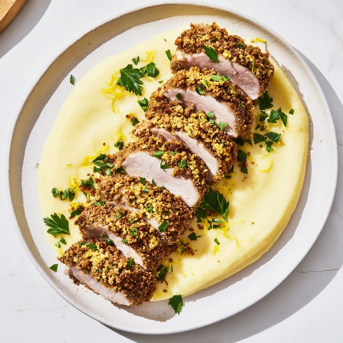 Savoury Horseradish-Crusted Pork Tenderloin with a creamy apple purée, ready to serve on a plate.