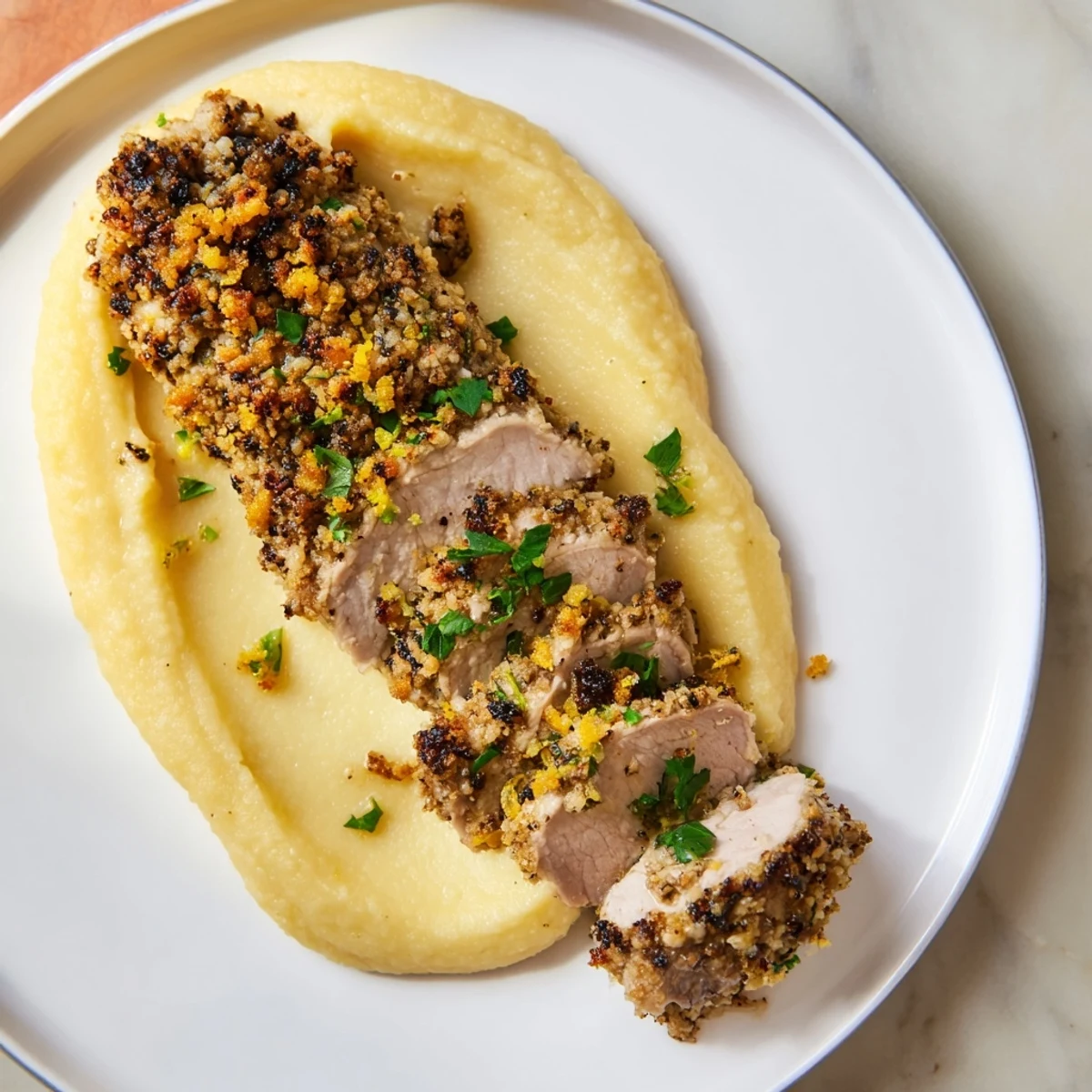 Delicious Horseradish-Crusted Pork Tenderloin, perfectly roasted, is paired with a sweet apple purée.