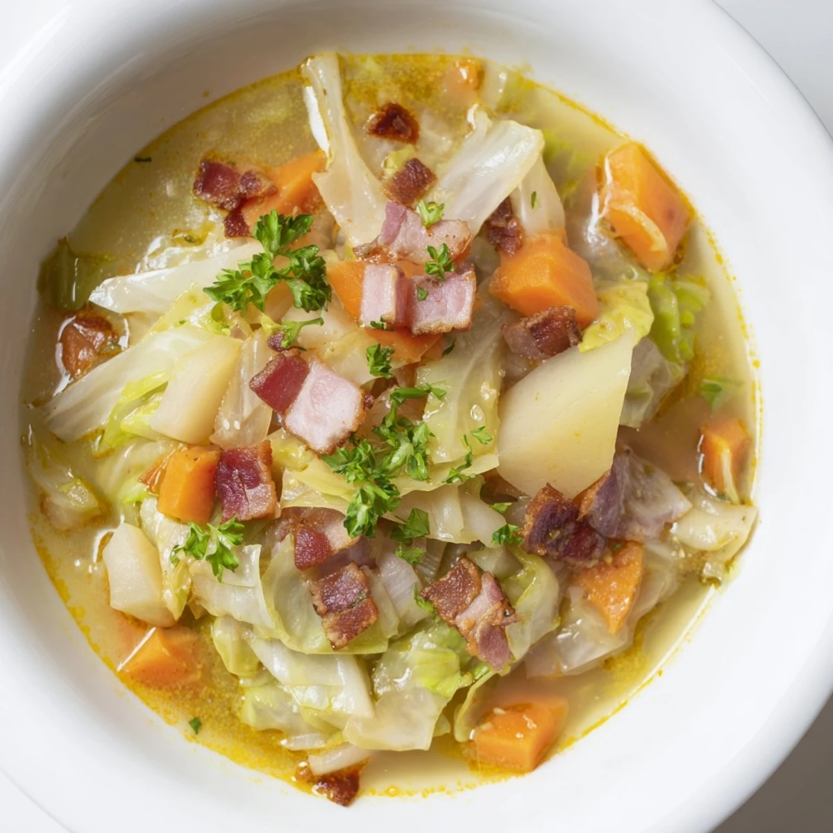 Zdania ALT dla zdjęcia z przepisem "Zupa z kapusty i boczku z wędzoną papryką":