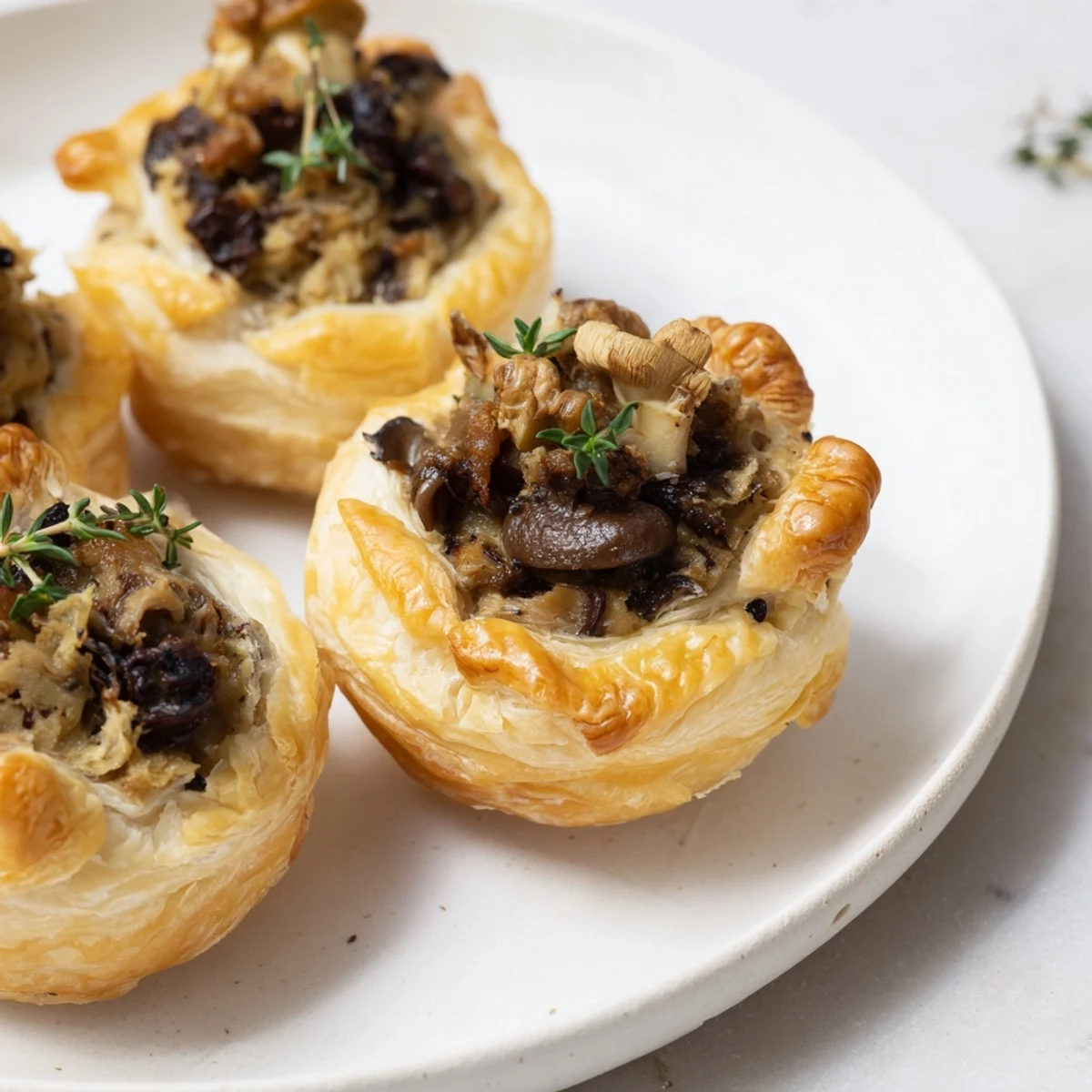 Creamy Mushroom & Chestnut Pâté Tartlets, golden brown and garnished with fresh thyme.